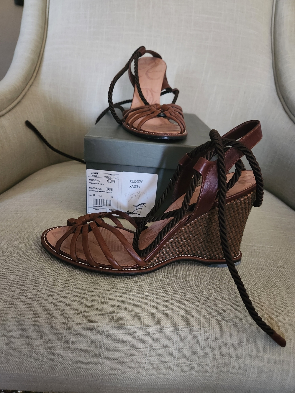 Authentic Emporio Armani Women’s Brown Woven Wedge Sandals with Ankle Tie